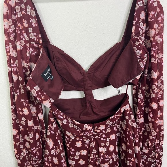 Bardot Women's Logan Maroon Floral Mini Dress Size 4 Long Sleeve Cutout Waist - Picture 9 of 12